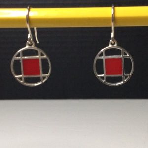 Silver Drop Earrings With Silver Circle with a Red Square in the Middle